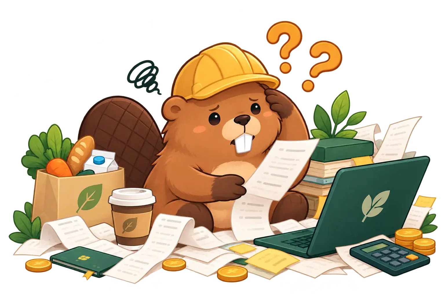 Dam in a hard hat, looking over receipts and a laptop, wondering where the money went